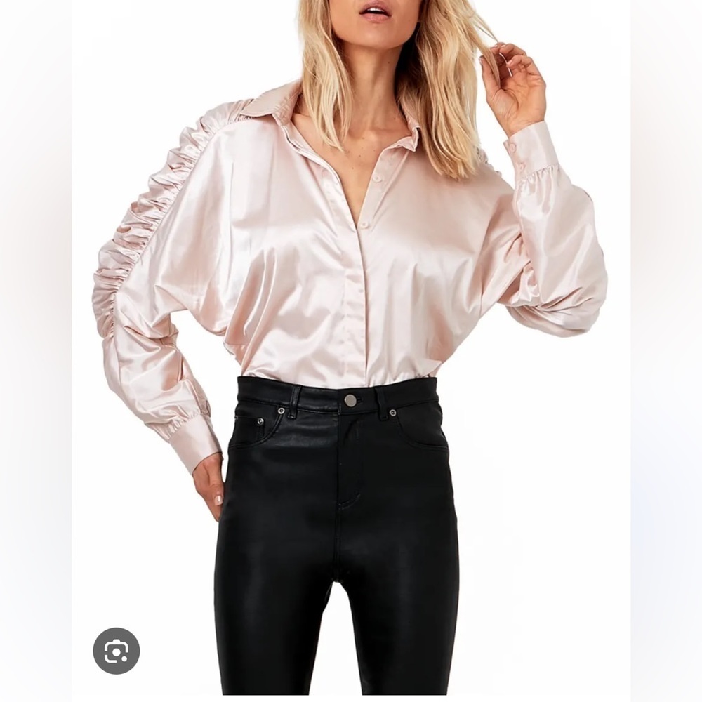 AS By DF Ferrara Ruched-Sleeve Satin Blouse in Blush New with Tags!